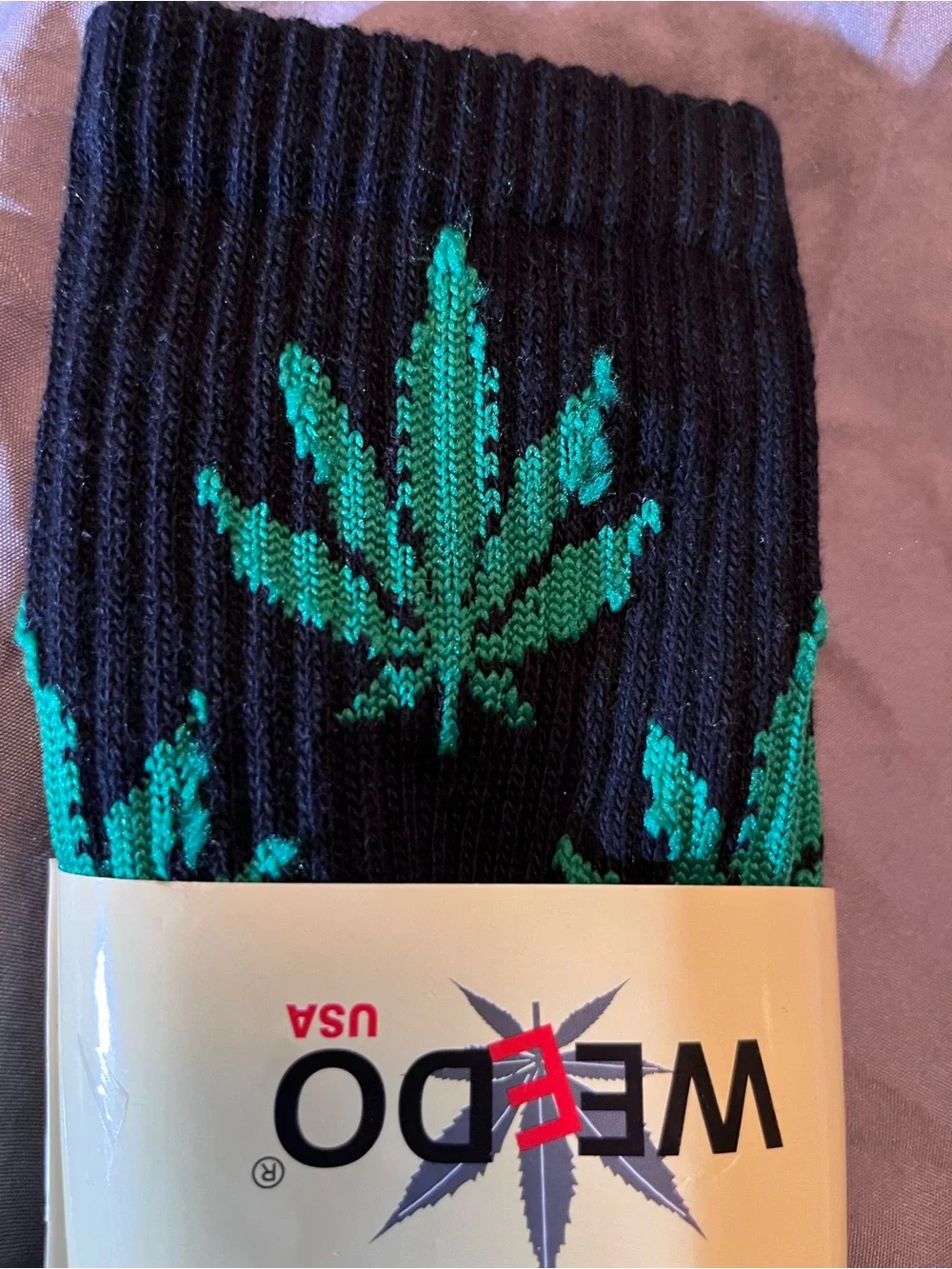 WEEDO Black Crew Socks with Green Leaf Pattern